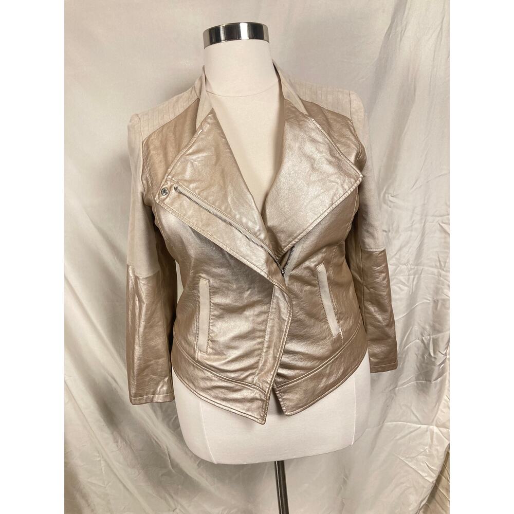 2 L Chico's women's faux leather & suede moto jacket metallic champagne beige